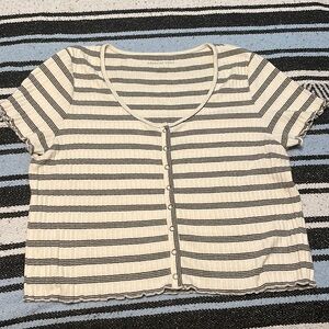 American Eagle white striped ribbed lettuce trim tee